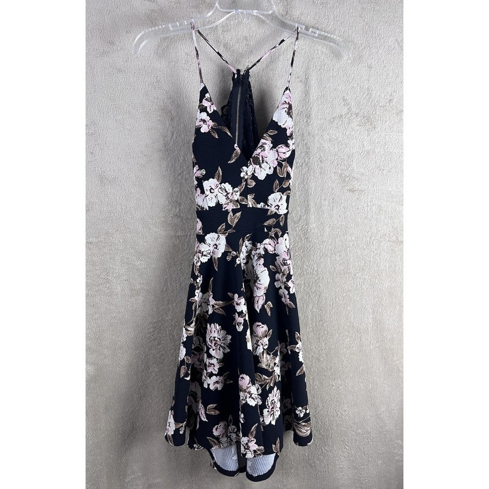 IRIS Black Floral Back Lace Zipper Bodice Fit & Flare Dress Size Small